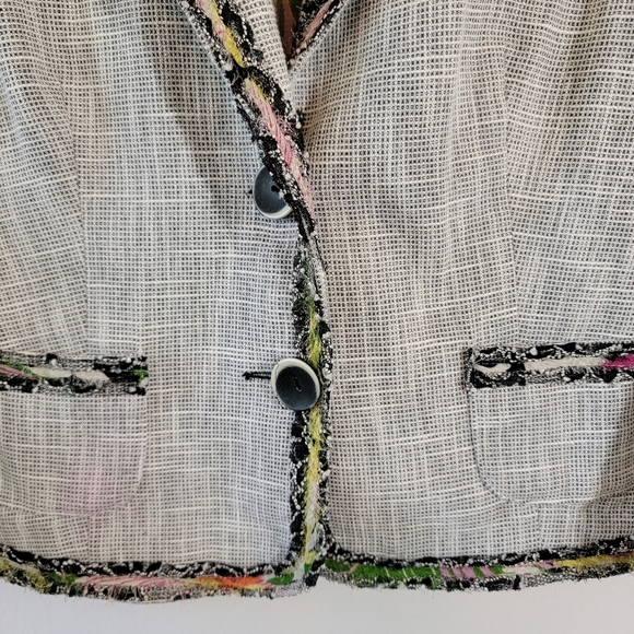 VTG Gray Tweed Single Breasted Blazer Sz 12 Silk Blend Colorful Trim Corporate - Picture 4 of 12